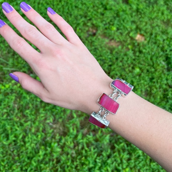 Vintage Sterling Silver Pink Agate Toggle Bracelet - Picture 6 of 16